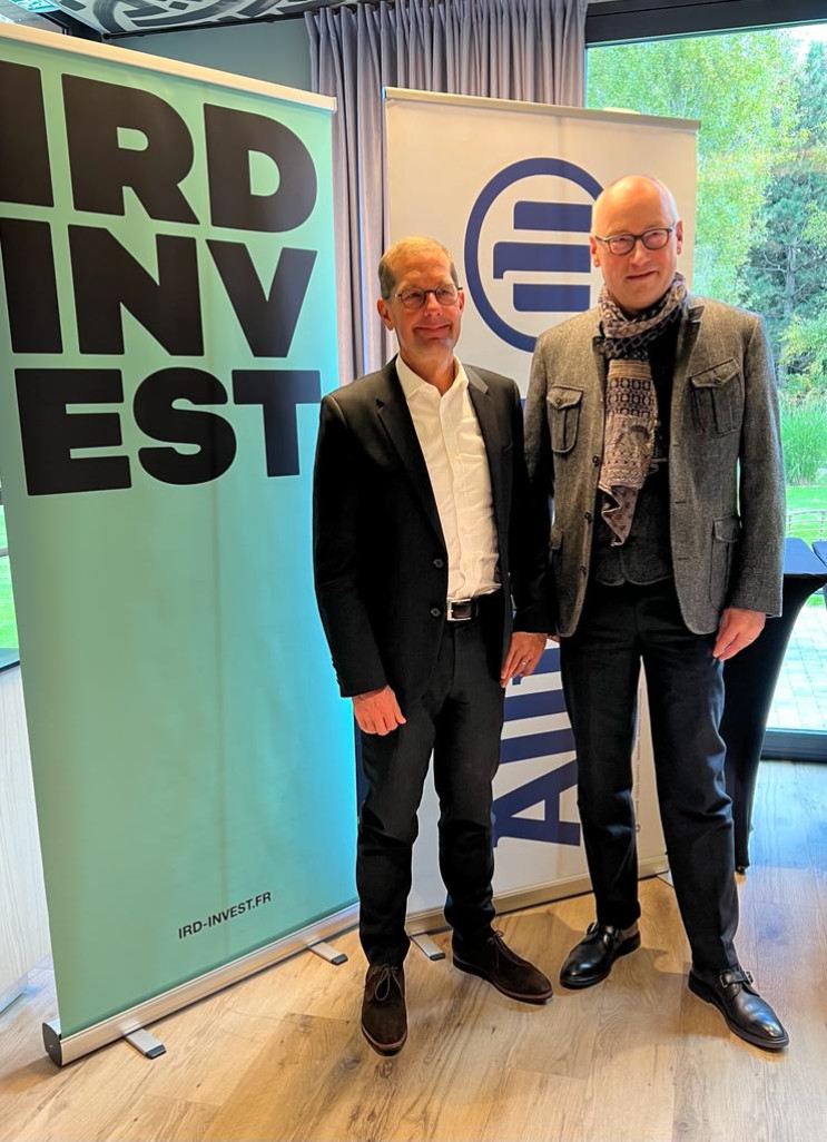 Laurent Deswarte, président d’IRD Invest qui gère FE2T, aux côtés de Matthias Seewald, directeur des Investissements d’Allianz France, qui est l'un des principaux souscripteurs du fonds territorial.