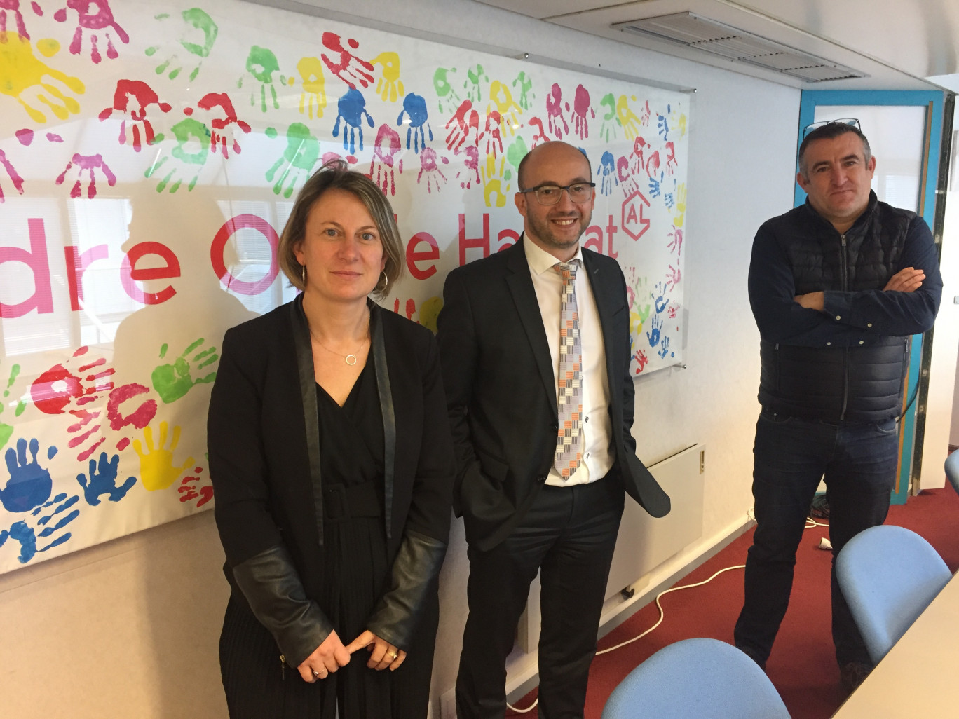 Une partie du staff de FOH : Delphine Courtin, directrice des opérations immobilières, Christophe Vanhersel, directeur général, et David Pereira, directeur clients accédants. (@ Aletheia Press / MR)