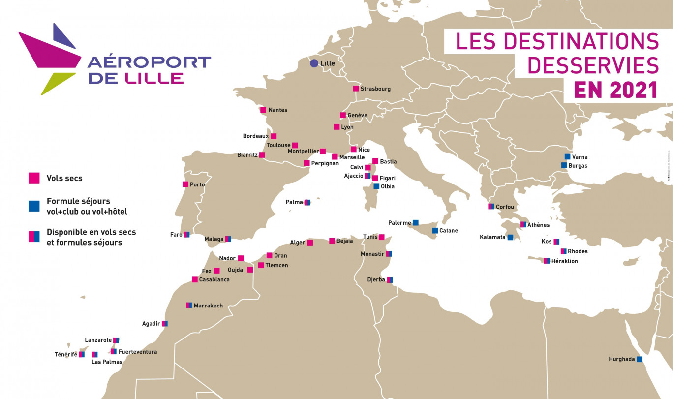 Carte des destinations au départ de l'Aéroport de Lille.