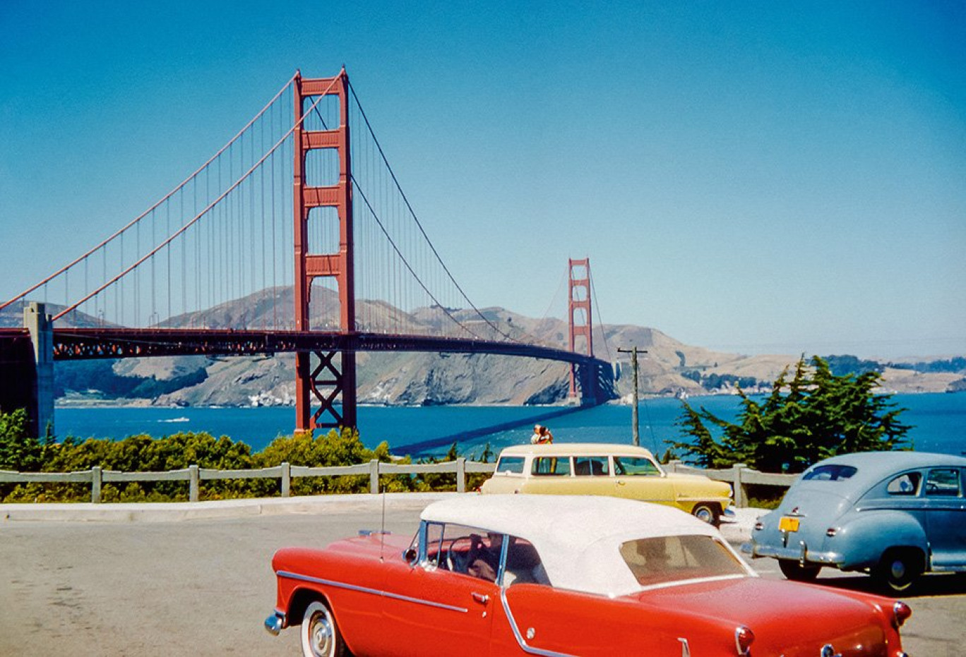 The Golden Gate Bridge and Marin County, as viewed from a parking lot near Fort Point on the San Francisco side, c. 1950s. Anonymous © William Rauum Photo Archive