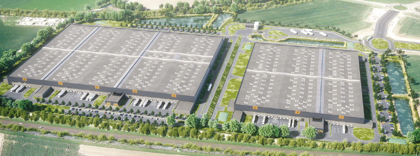 Les 100 000 m² de LogisterrA26 seront divisés en deux bâtiments, eux-mêmes équipés à terme, de panneaux solaires, mais aussi de système de gestion des eaux usées. © Linkcity