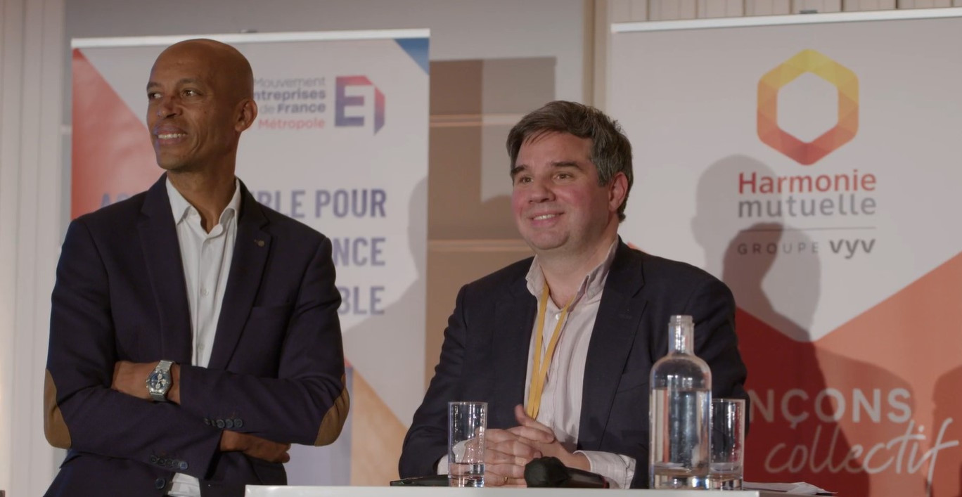 Stéphane Diagana, ancien champion français et ambassadeur d’Harmonie Mutuelle, et Yann Orpin, président du MEDEF Lille Métropole. © Mighty Productions