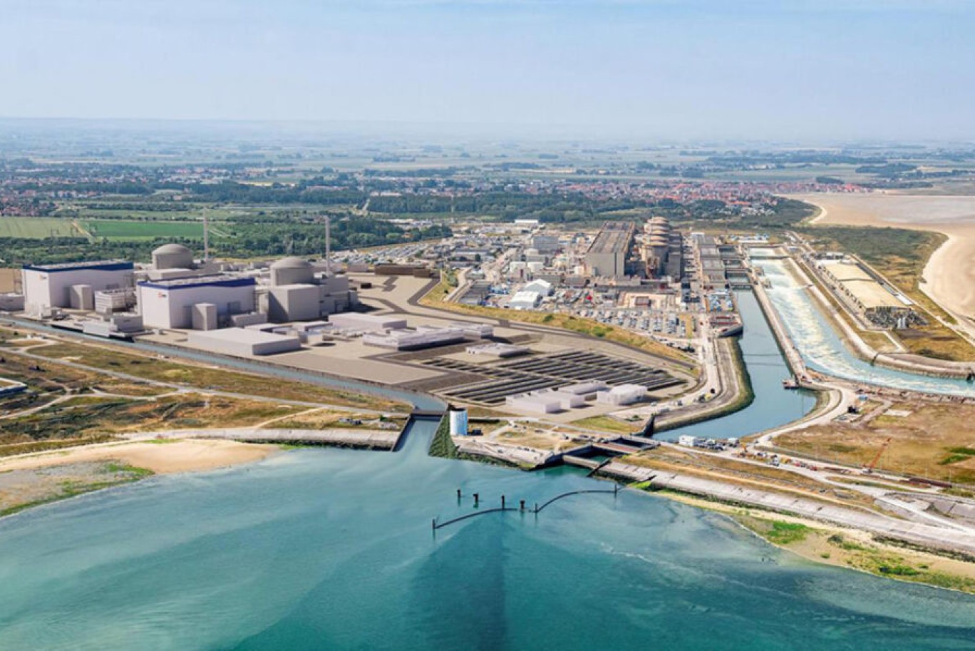 Vue d'architecte de la future implantation des deux EPR2 à Gravelines, à côté de la centrale nucléaire. Document non contractuel. © Cabinet Santer-Vanhoof