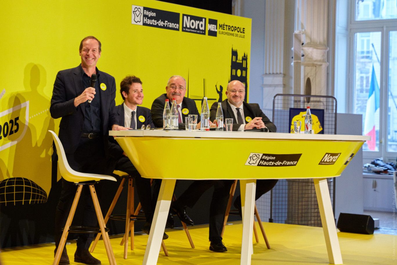 Christian Prudhomme, directeur du Tour de France, Antoine Sillani, vice-président de la Région Hauts-de-France en charge du sport, Christian Poiret, président du Conseil général du Nord et Damien Castelain, président de la MEL. © Lena Heleta