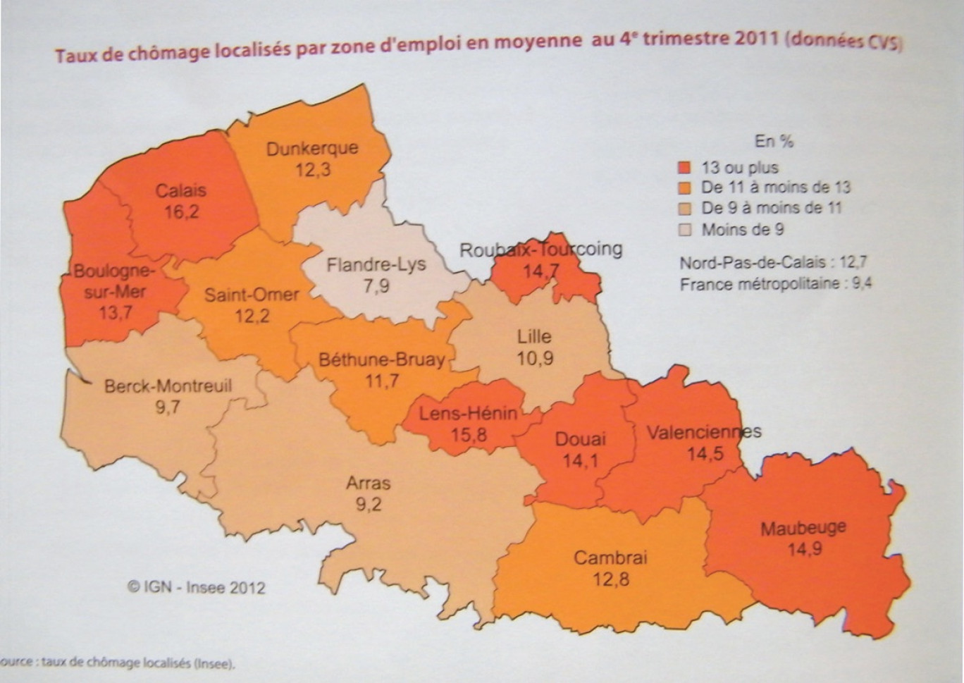 Taux de chômage localisés par zone d’emploi au 4e trimestre 2011 (données CVS).