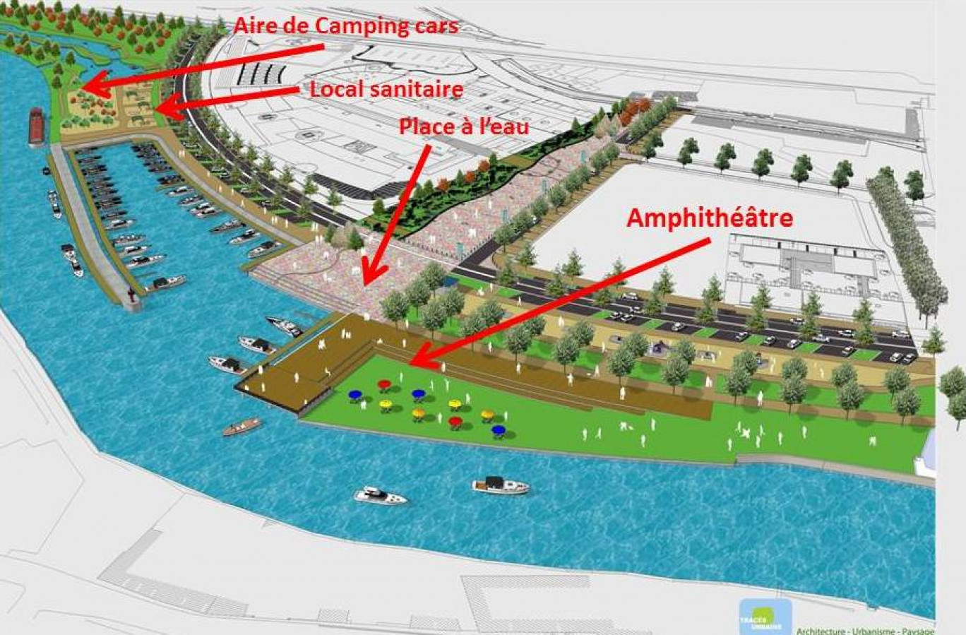 Une vue schématique du futur port sur la Sambre (30.000 m2 de surface aménagée), transmise par la CCSA. Les deux ports doivent être achevés en 2014, c’est l’objectif. De grosses retombées touristiques et économiques sont attendues.