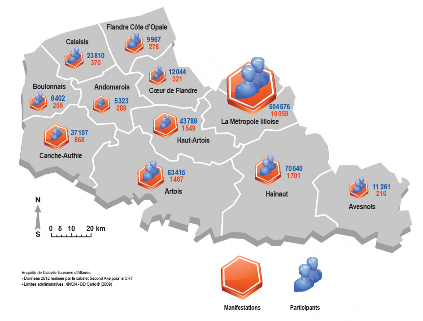 Les séminaires en région Nord-Pas-de-Calais en 2012, carte de répartition géographique des séminaires et des participants.