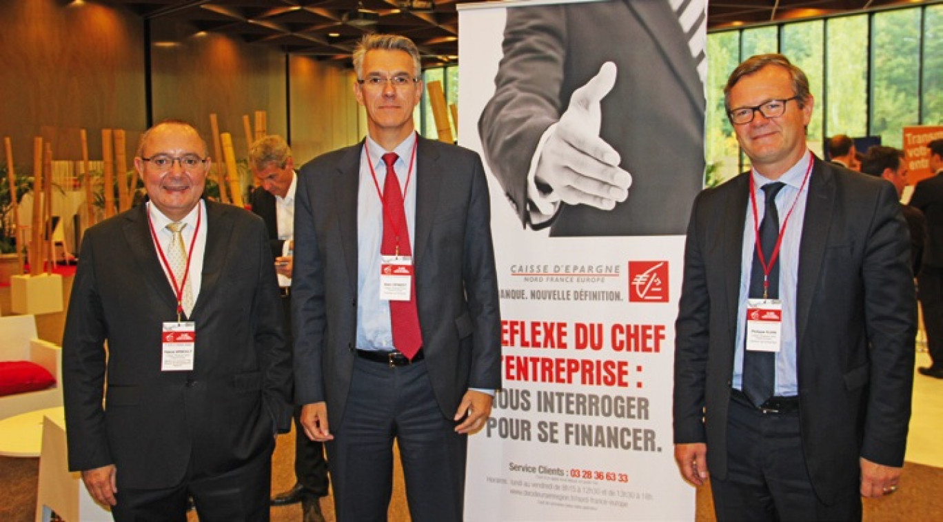 De gauche à droite : Pascal Arnoult, membre du directoire chargé du pôle Banque des décideurs en région, Alain Denizot, président du directoire, et Philippe Kuhn, directeur du marché Entreprises, membre du comité exécutif de la Caisse d’épargne Nord France Europe.