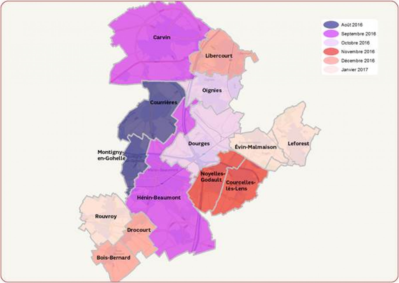 Carte du déploiement de la fibre, les prochaines étapes sur le territoire de l’agglomération d’Hénin-Carvin. D’ici janvier 2017, 44 000 logements et locaux professionnels pourront bénéficier du Très Haut Débit SFR.