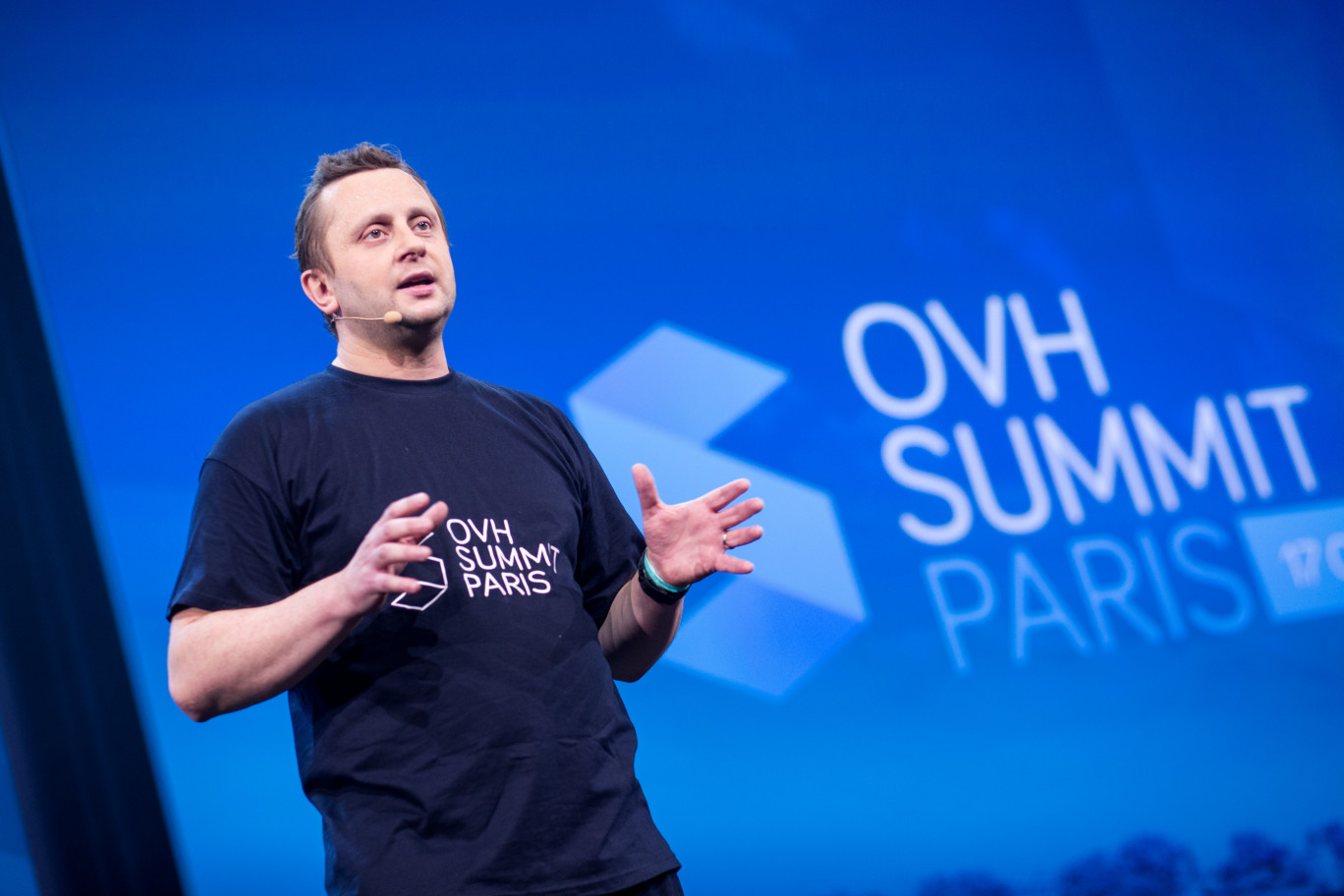 Octave Klaba, founder of OVH, during his keynote speech at the OVH Summit, Paris.