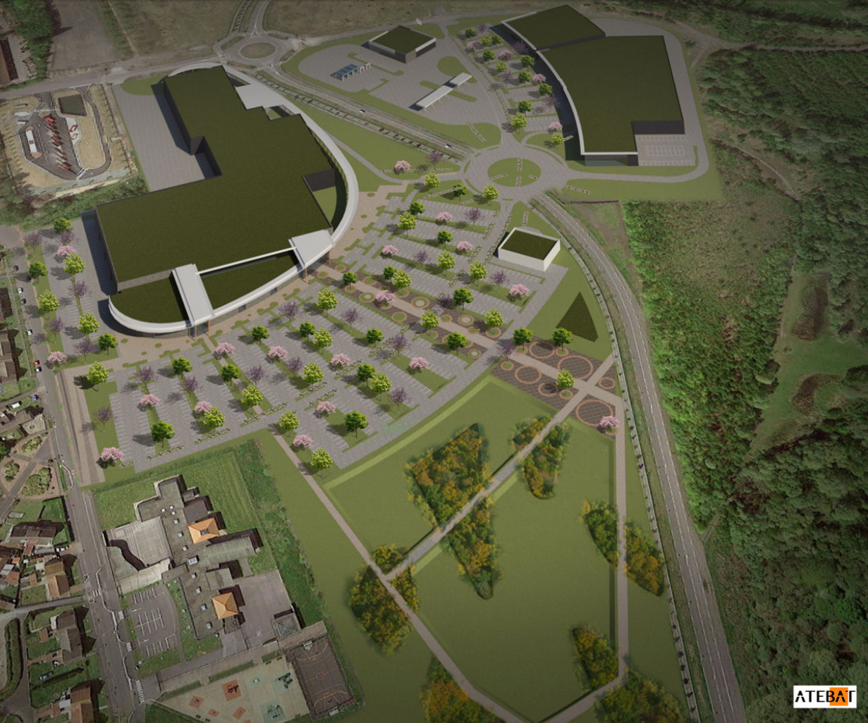 L'image virtuelle montre un bâtiment parfaitement intégré à la zone, mettant l'accent sur les espaces verts.
