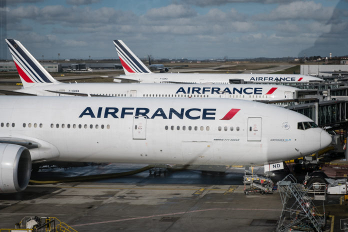 Air France airplanes at Charles de Gaulle airport in Paris, France, March, 2019